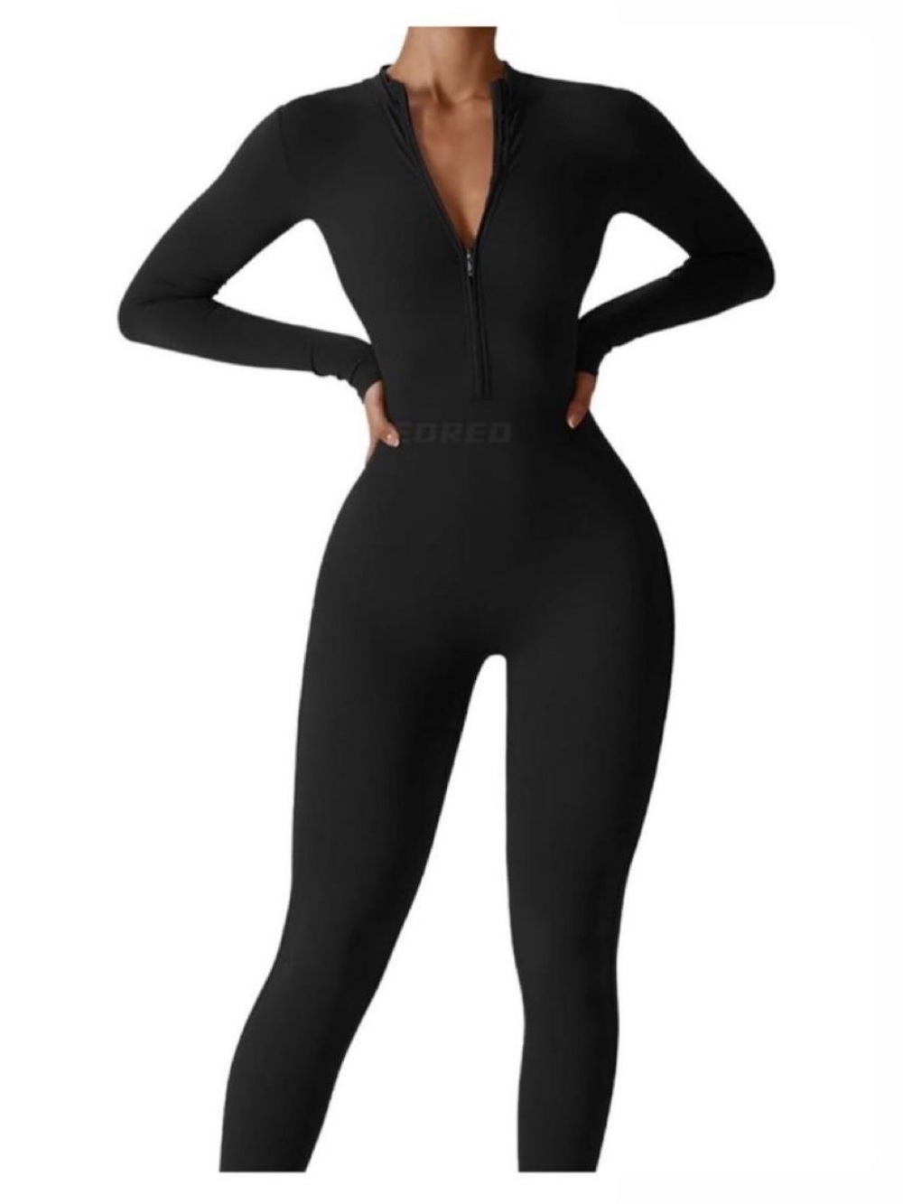 Black Long-Sleeve Zip-Front Jumpsuit